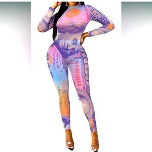 Women's Bodycon Jumpsuit See Through Mesh Money Print Bodysuit Long